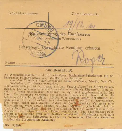 Carte de paquet 1948: Vol à main armée d'après Gmund a. Teg., carte de réservation automatique Victimes d ' urgence