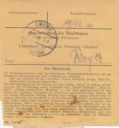 Paketkarte 1948: Raubling nach Gmund a. Teg., Selbstbucherkarte Notopfer