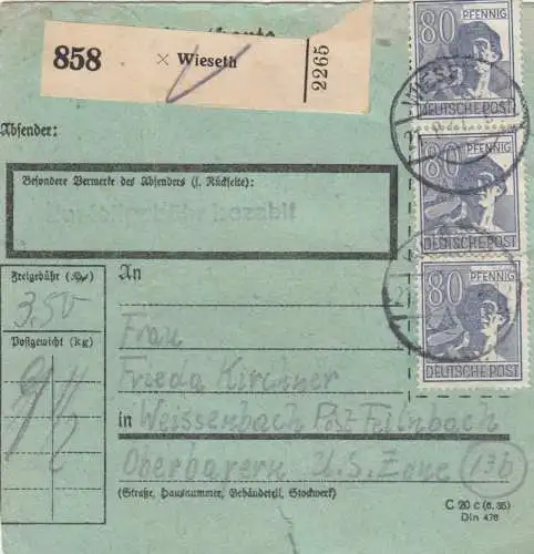 Carte de paquet 1947: Wieseth vers Weissenbach, formulaire rare