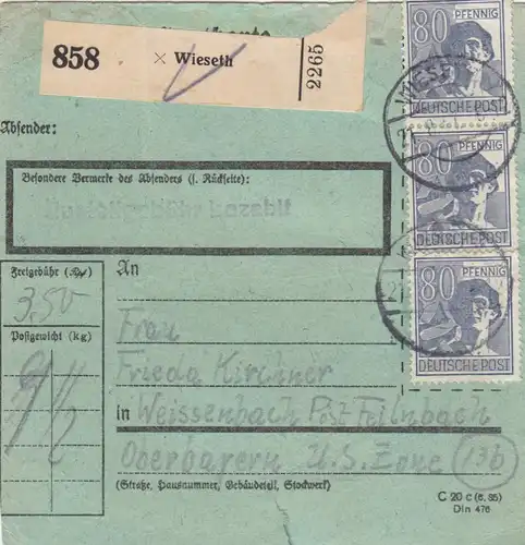 Paketkarte 1947: Wieseth nach Weissenbach, seltenes Formular