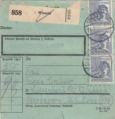 Paketkarte 1947: Wieseth nach Weissenbach, seltenes Formular