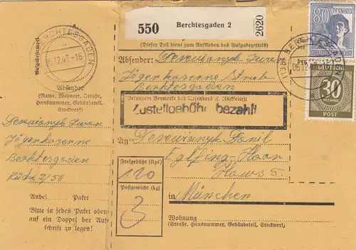 Paketkarte 1947: Berchtesgarden nach München, Eglfing-Haar