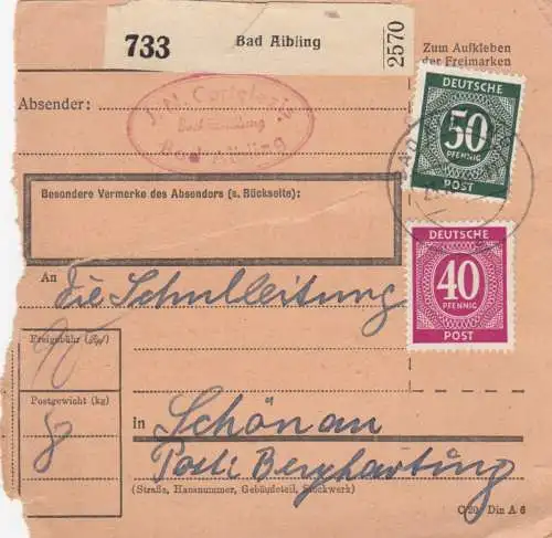 Paketkarte 1946: Bad Aibling nach Schönau