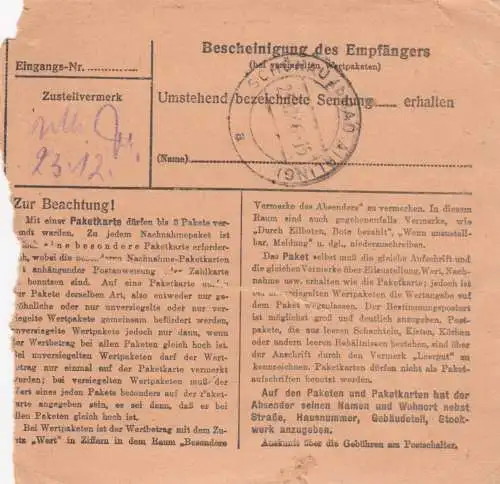 Paketkarte 1946: Bad Aibling nach Schönau