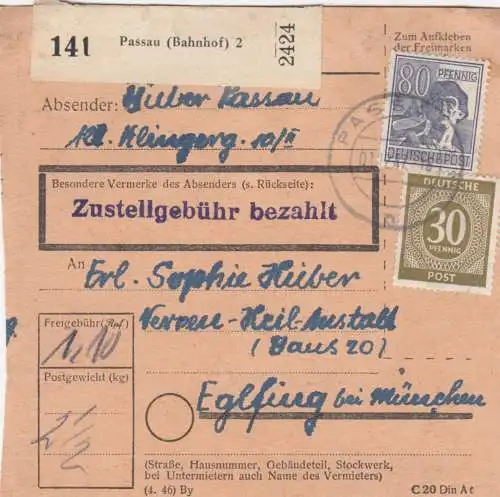 Carte de paquet 1947: Passau vers Eglfing, Centre de santé des nerfs