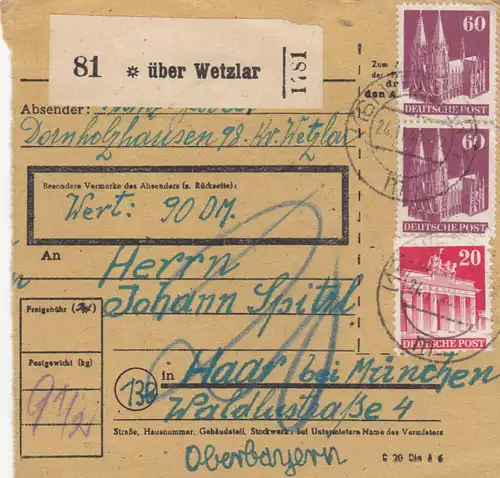 BiZone Carte colis 1948: Maisons de bois d'épine sur Wetzlar par cheveux, carte de valeur 90 FF