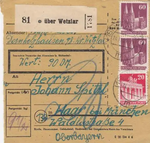 BiZone Paketkarte 1948: Dornholzhausen über Wetzlar nach Haar, Wertkarte 90 DM