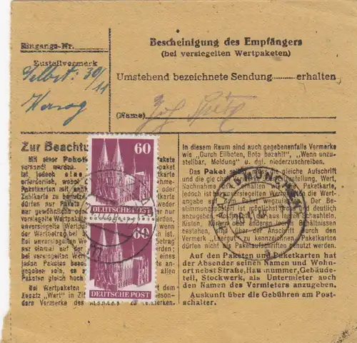 BiZone Paketkarte 1948: Dornholzhausen über Wetzlar nach Haar, Wertkarte 90 DM