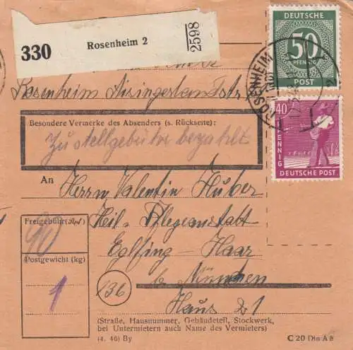 Carte de paquet 1948: Rosenheim après Eglfing Haar, centre de soins et soins