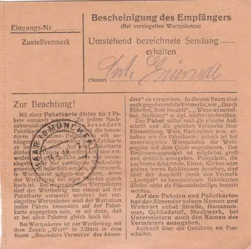 Paketkarte 1948: Rosenheim nach Eglfing Haar, Heil- u. Pflegeanstalt