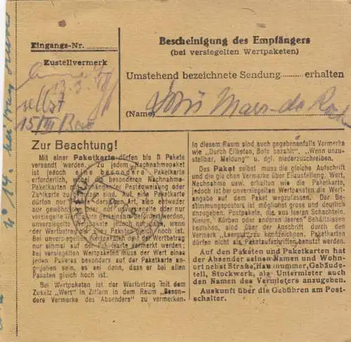 Carte de paquet 1948: Wiesbaden par Post Haar, Putzbrunn