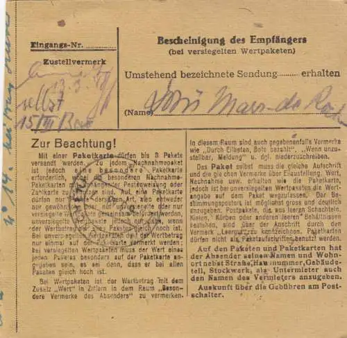 Paketkarte 1948: Wiesbaden nach Post Haar, Putzbrunn