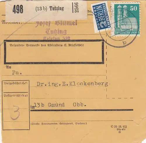 Paketkarte 1949: Tutzing nach Gmund Obb.