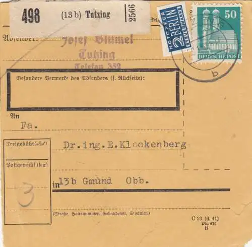 Paketkarte 1949: Tutzing nach Gmund Obb.