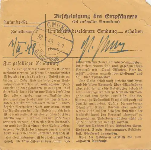 Carte de paquet 1949: Tutzing vers Gmund Obb.