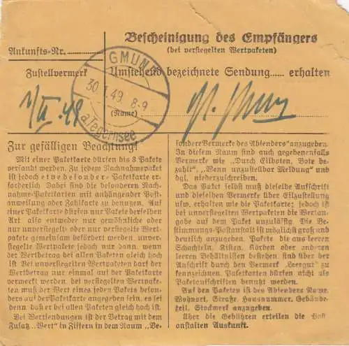 Paketkarte 1949: Tutzing nach Gmund Obb.