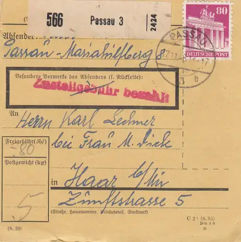 Carte de paquet BiZone 1948: Passau 3 selon Haar b. Munich