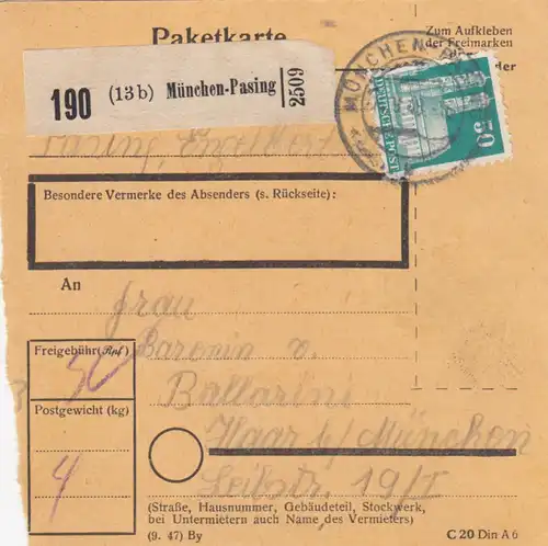 Carte de paquet BiZone 1948: Munich-Pasing après Haar près de Munich