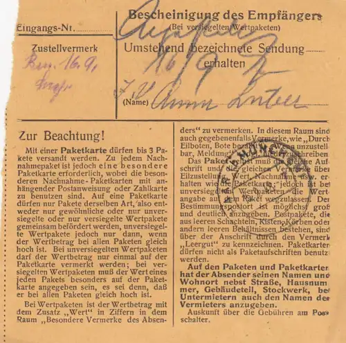 Carte de paquet BiZone 1948: Munich-Pasing après Haar près de Munich