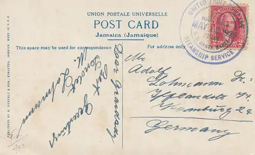 Panama 1929: post card: Jamaica/Kingstown via United Fruit Co Steamship Service