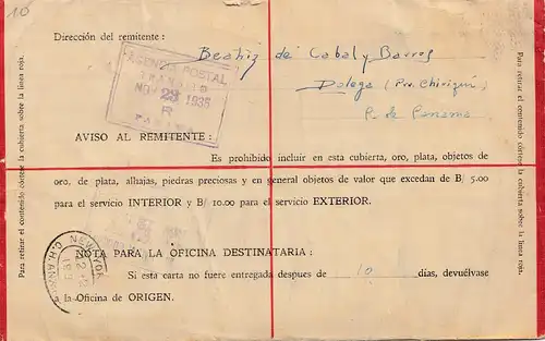 Panama 1935: Registered Dolega to New York