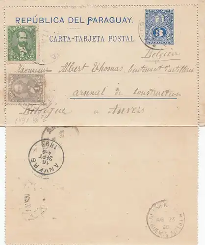 Paraguay 1893: post card Vileta to Anvers/Belgium