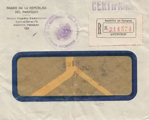 Paraguay 1938: Registered Asuncion, Banco to Milano/Italy