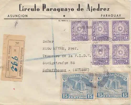 Paraguay 1954: registered Asuncion to Schaffhausen/Switzerland