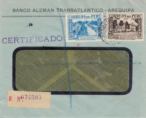 Pérou 1938: registered letter Arequipa to Plymouth Dvon