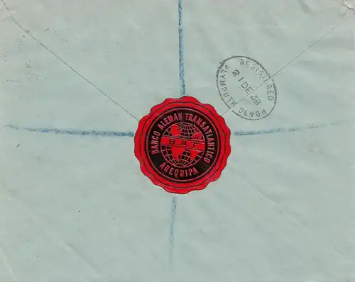 Peru 1938: registered letter Arequipa to Plymouth Dvon