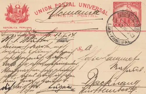 Peru 1914: post card Lima como Sera Manana, to Backnang