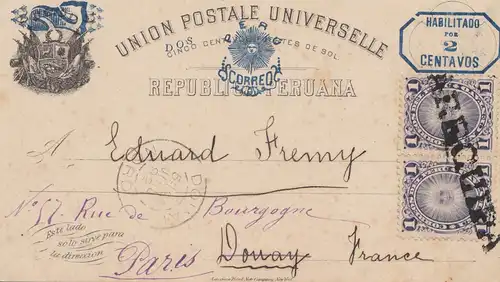 Pérou 1892: carte postale Arequipa to Donay, forwarded to Paris