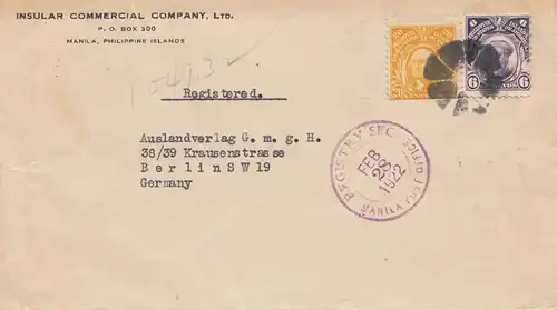 Philippines 1922: Registered Manila to Berlin
