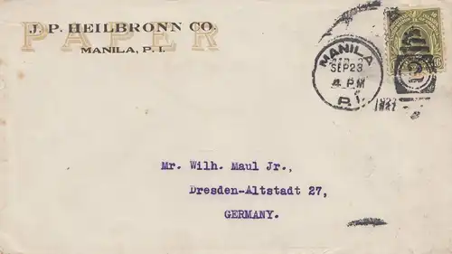 Philippines 1927: Registered Manila J.P. Heilbronn Co. to Dresde