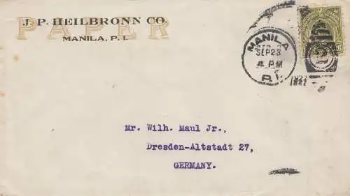 Philippines 1927: Registered Manila J.P. Heilbronn Co. to Dresden