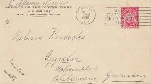 Philippines 1936: Manila to Oppeln/Schlesien/Germany