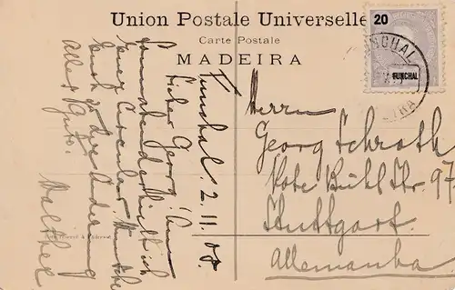 Madeira 1908: Funchal post card to Stuttgart