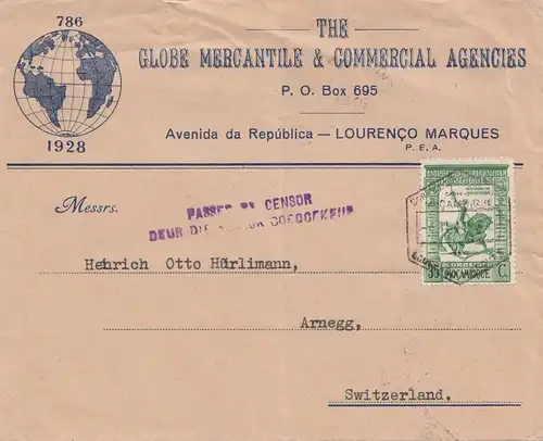 Mocambique 1944 Lourenco to Arnegg/Switzerland, Censor