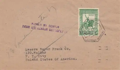 Mocambique 1944 Lourenco to New York City, Censor