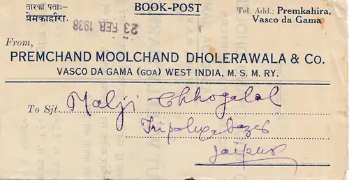 West India: 1938: Book Post Goa to Jaipur via Bombay, ship