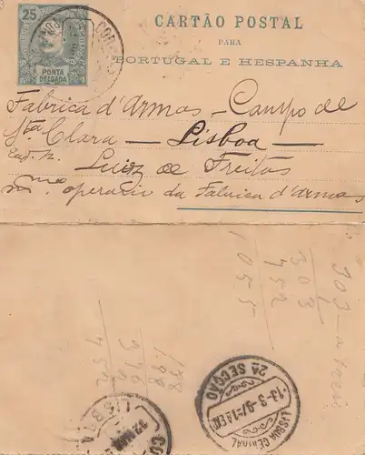 Acores: 1897 post card Ponta Delgada to Lisboa