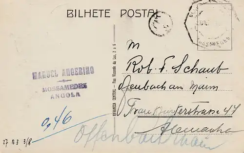 Angola: post card Coimbra/Biliotheca to Offenbach, TAX