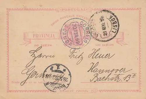 Angola: 1899 post card Loanda to Hannover