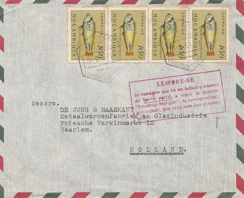 Mocambique 1954: letter Lourenco Marquesto to Haarlem/Holland, fish