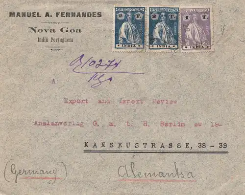 West India: 1922  Nova Goa to Berlin, Zug als Einschreiben eingegangen