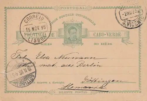 Cabo Verde: 1895: post card St. Vicente to Göttingen