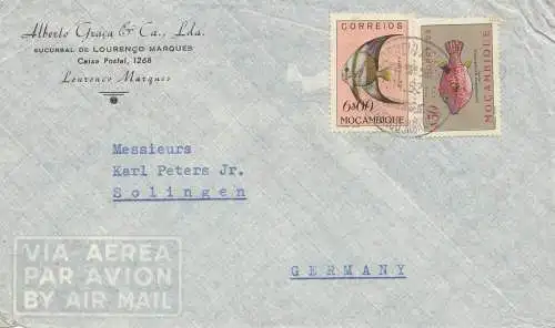 Mocambique 1952 letter from L. Marques to Solingen, Poissons-fishes