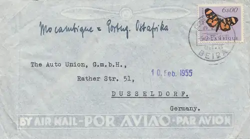 Mocambique 1955 air mail Beira to Düsseldorf - Auto Union, Papillon