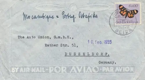 Mocambique 1955 air mail Beira to Düsseldorf -Auto Union, Schmetterling/papillon