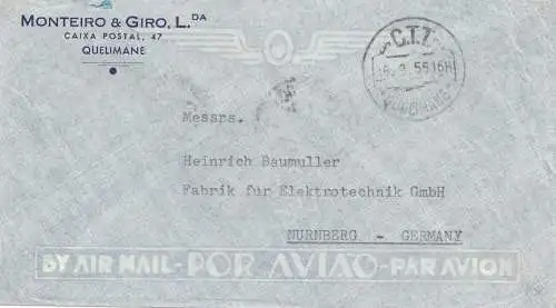 Mocambique 1955: Quelimane via air mail to Nürnberg, Fisch/fish